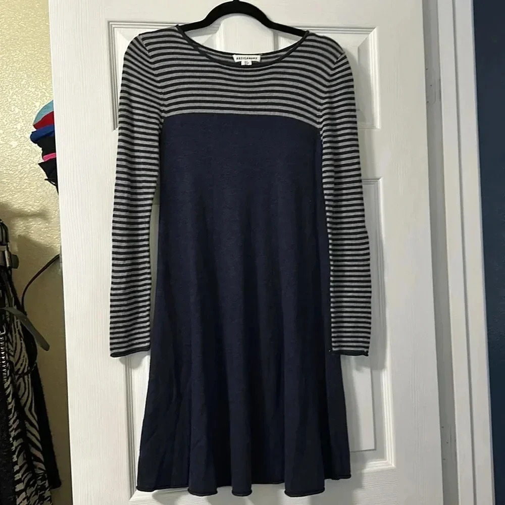 Artisan NY Navy Striped Knit Dress Acrylic/Rayon/Nylon/Cashmere Blend Size Small